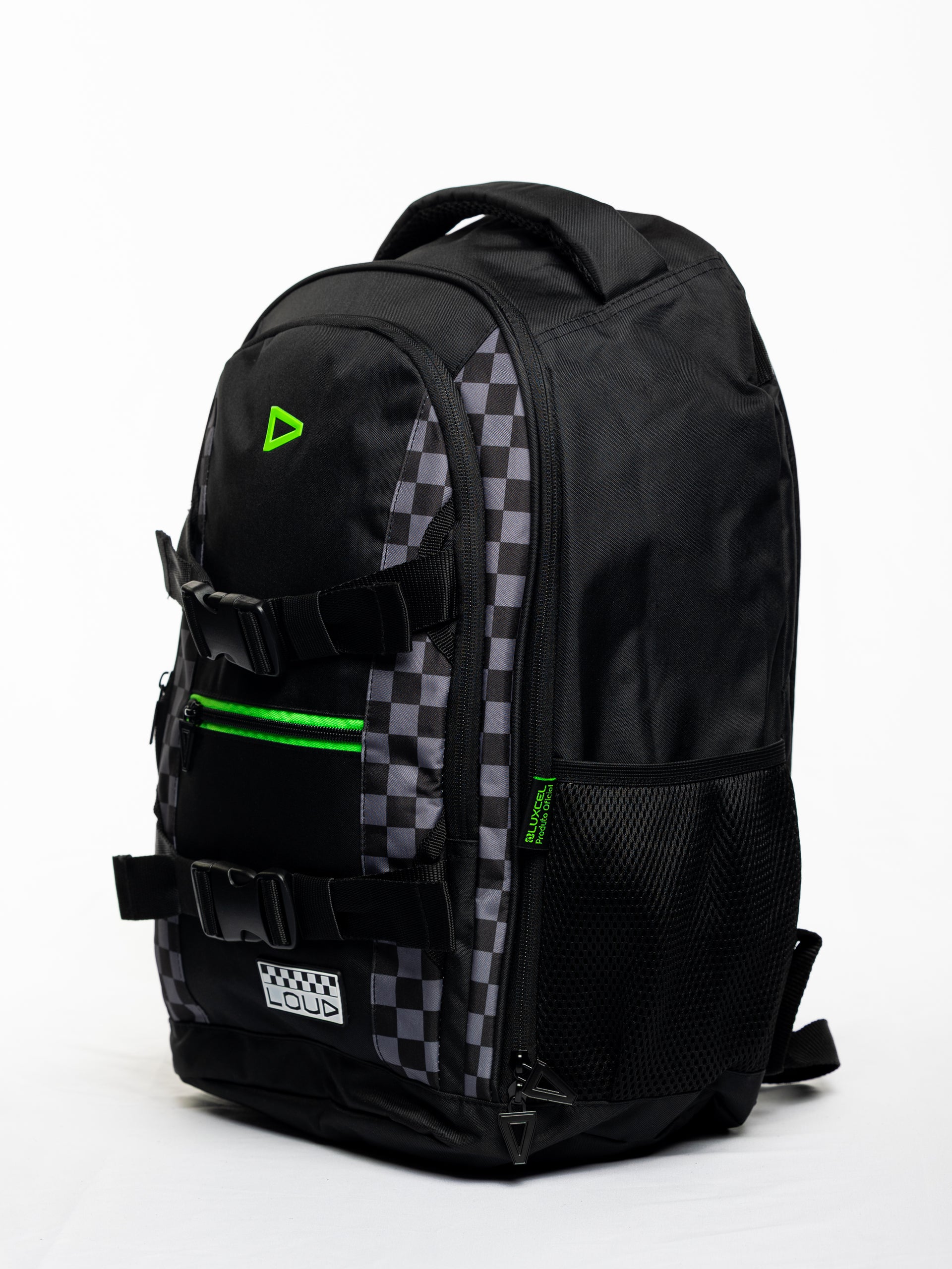 Mochila de costas xadrez preto e cinza com clip frontal